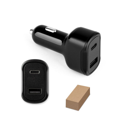 DIRAC. Adaptador de isqueiro com porta USB-A 18W e USB-C 20W em ABS reciclado (100 rABS)